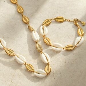 Gold & White Cowrie Shell Bracelet and Necklace Set– Luxury Coastal Style